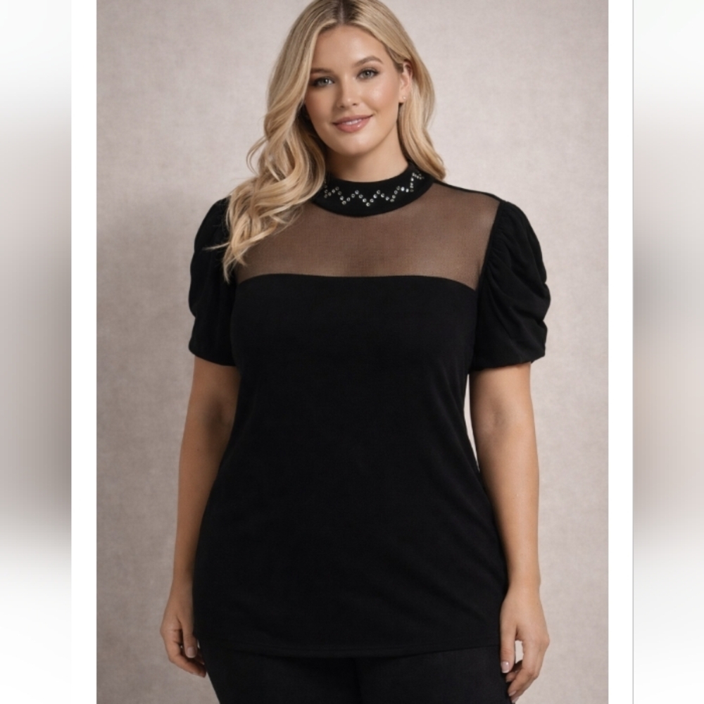 By Design Black Sheer Neckline Rhinestone Top Size Large
